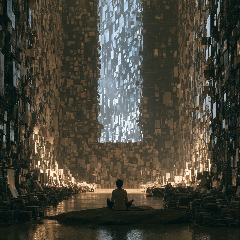 A figure meditating in a vast canyon of floating papers and softly lit pages