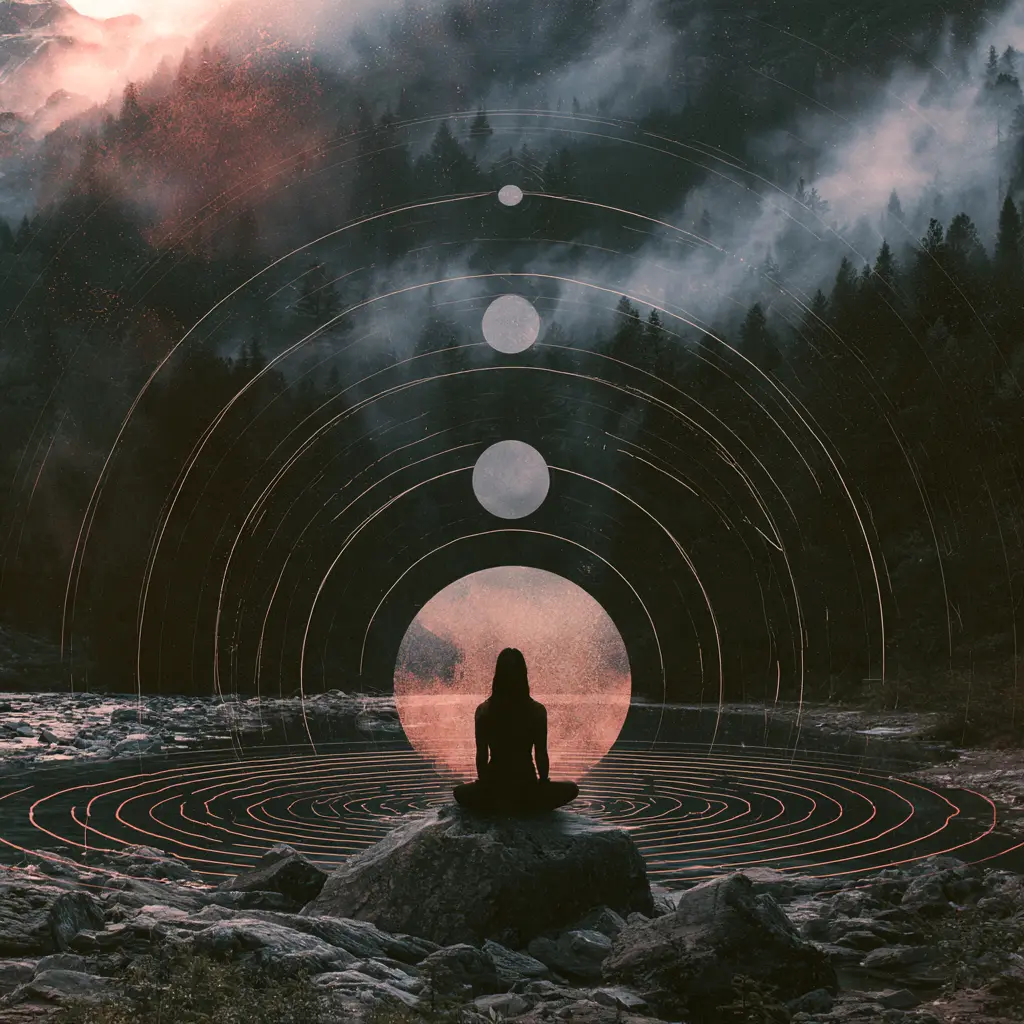 A figure meditating on a rock in a misty forest inside expanding circular lines