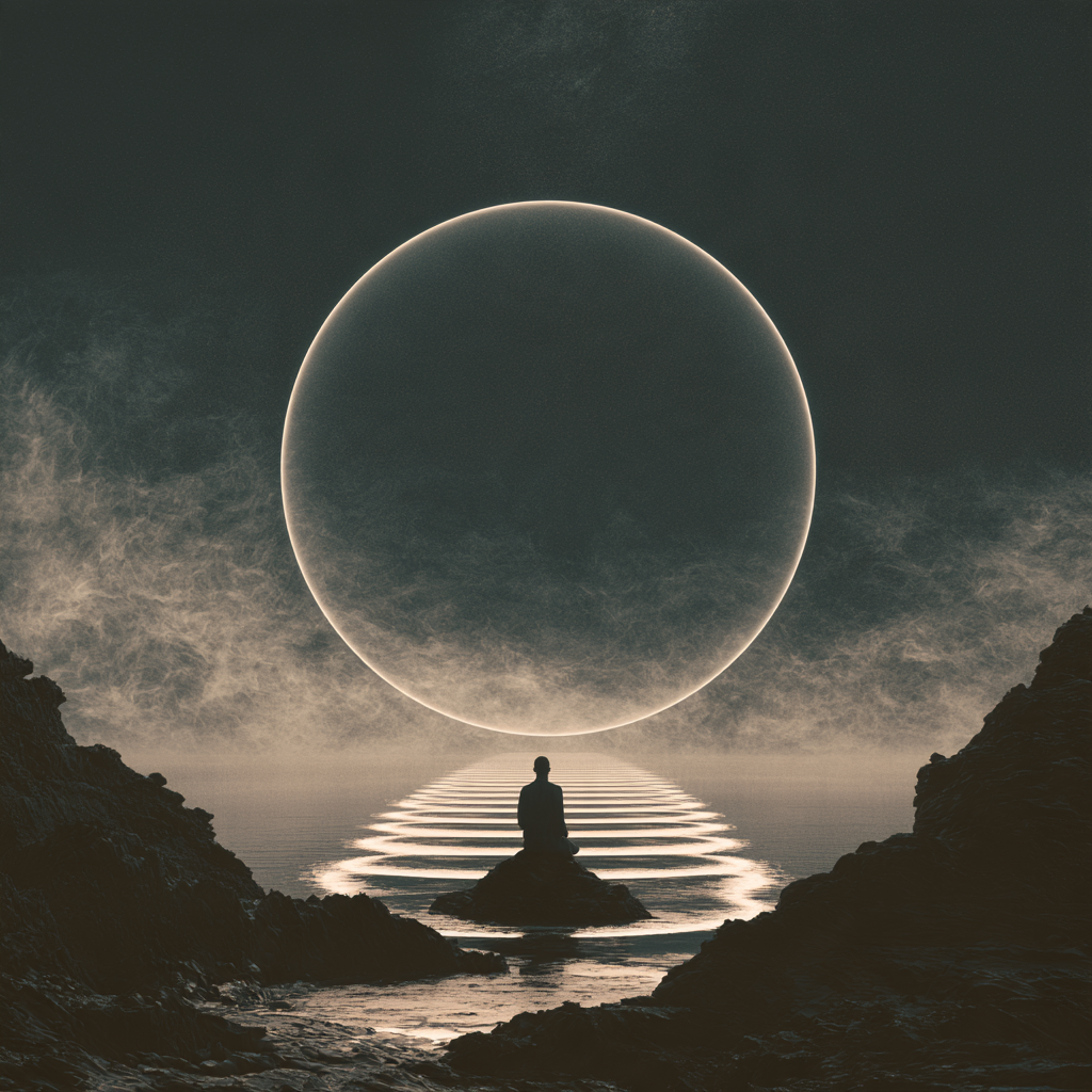 A seated figure on a rock beneath an enormous glowing sphere over calm water