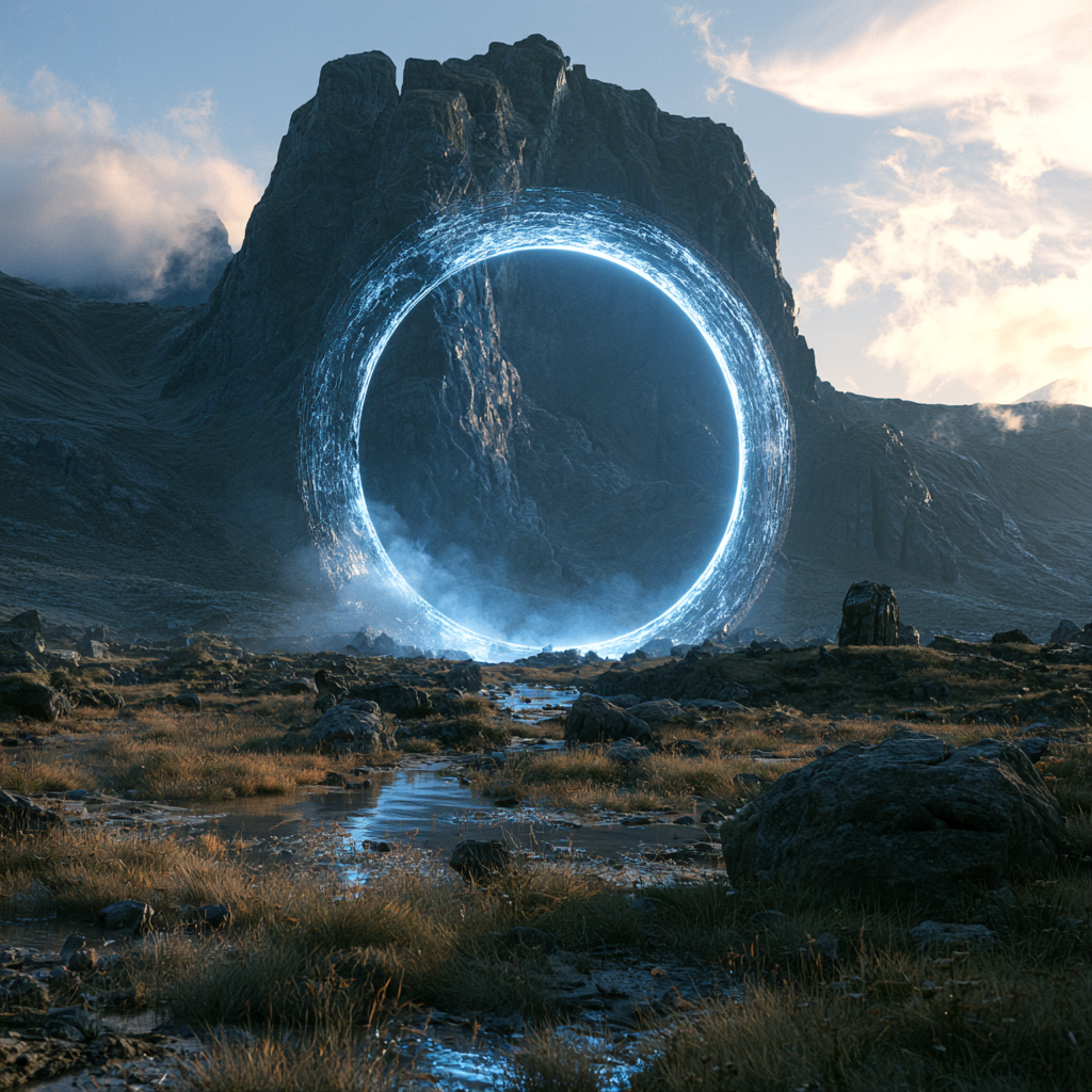 A brilliant blue ring of light stands before a rugged mountain in a rocky landscape