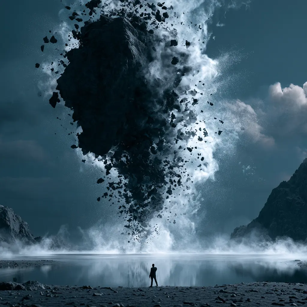 A vast rock formation shattering above still water with a small figure watching