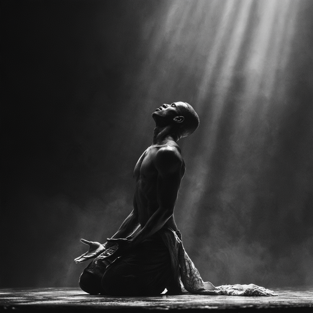 Black and white photograph of a kneeling man looking up into a shaft of light