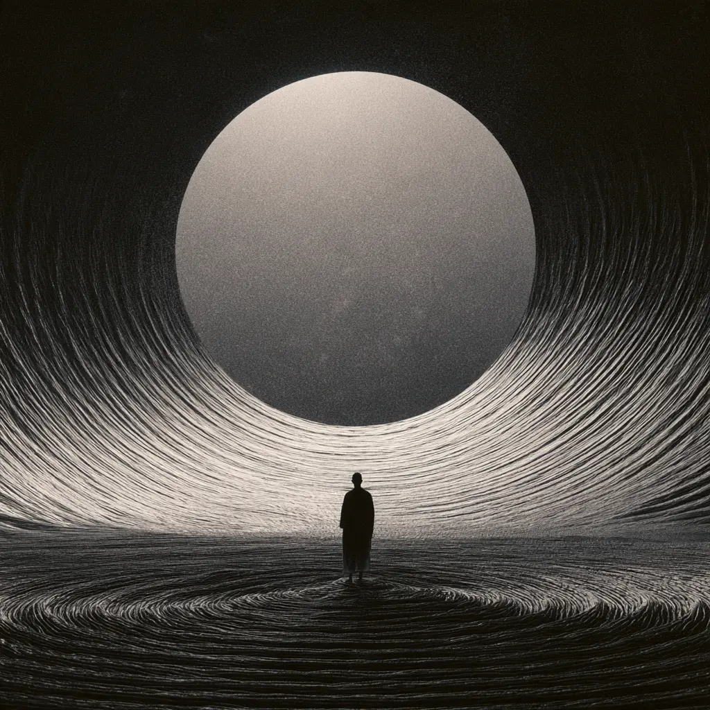 Monochrome illustration of a figure standing inside vast circular line currents