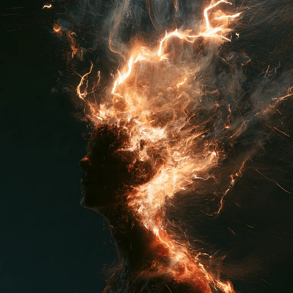Profile of a head dissolving into fire and sparks against a dark background