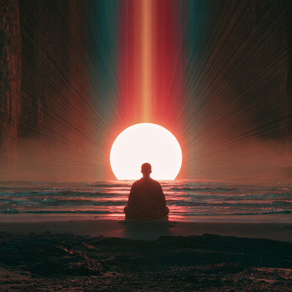 A seated figure on a beach silhouetted against a vast glowing sun with colour rays