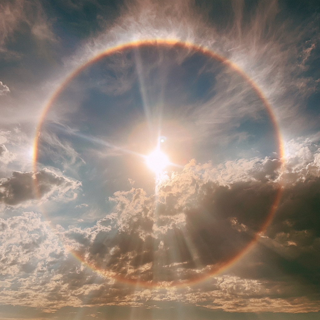 A circular rainbow halo surrounds the sun above glowing clouds