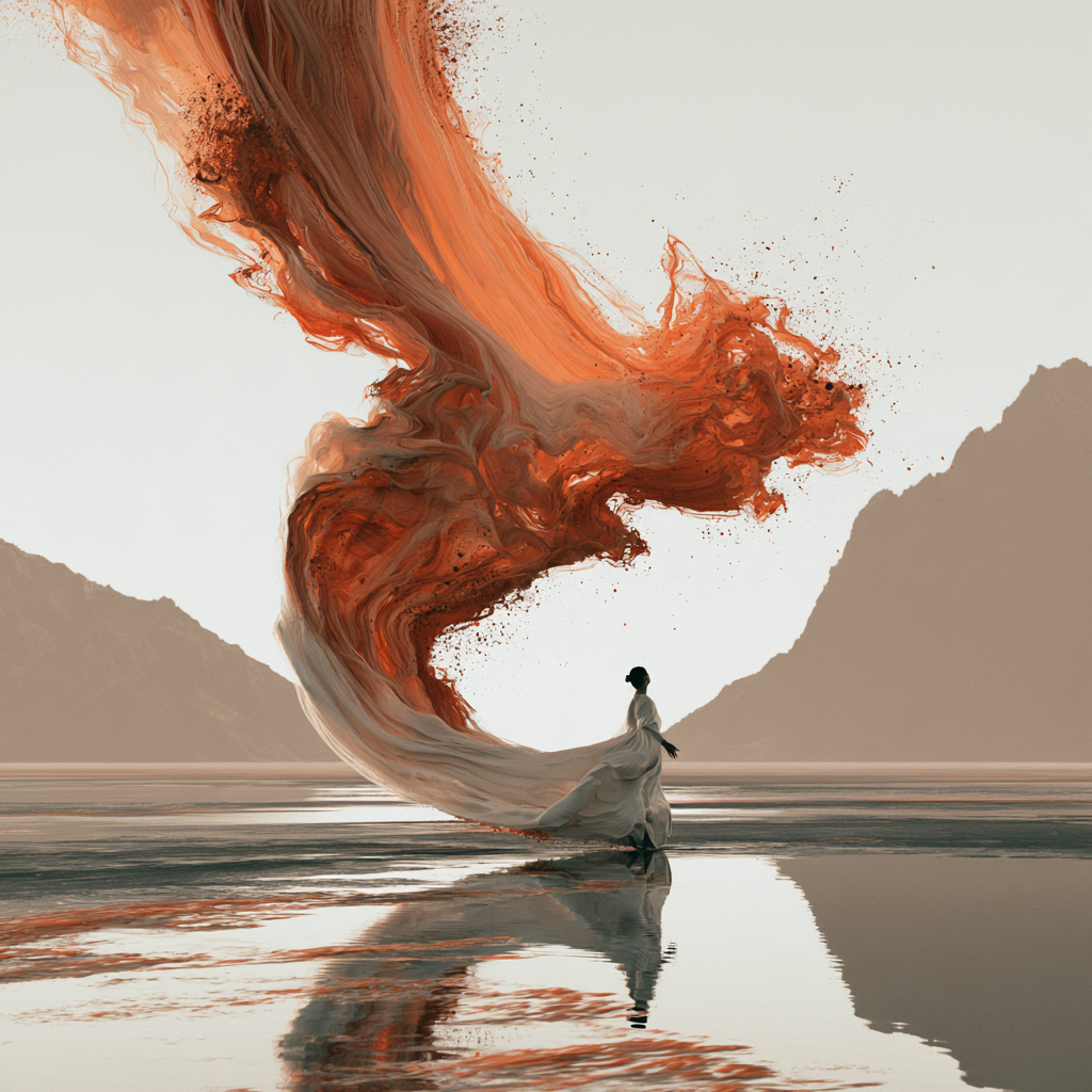 A robed figure on a still lake trailing a vast ribbon of orange pigment into the sky