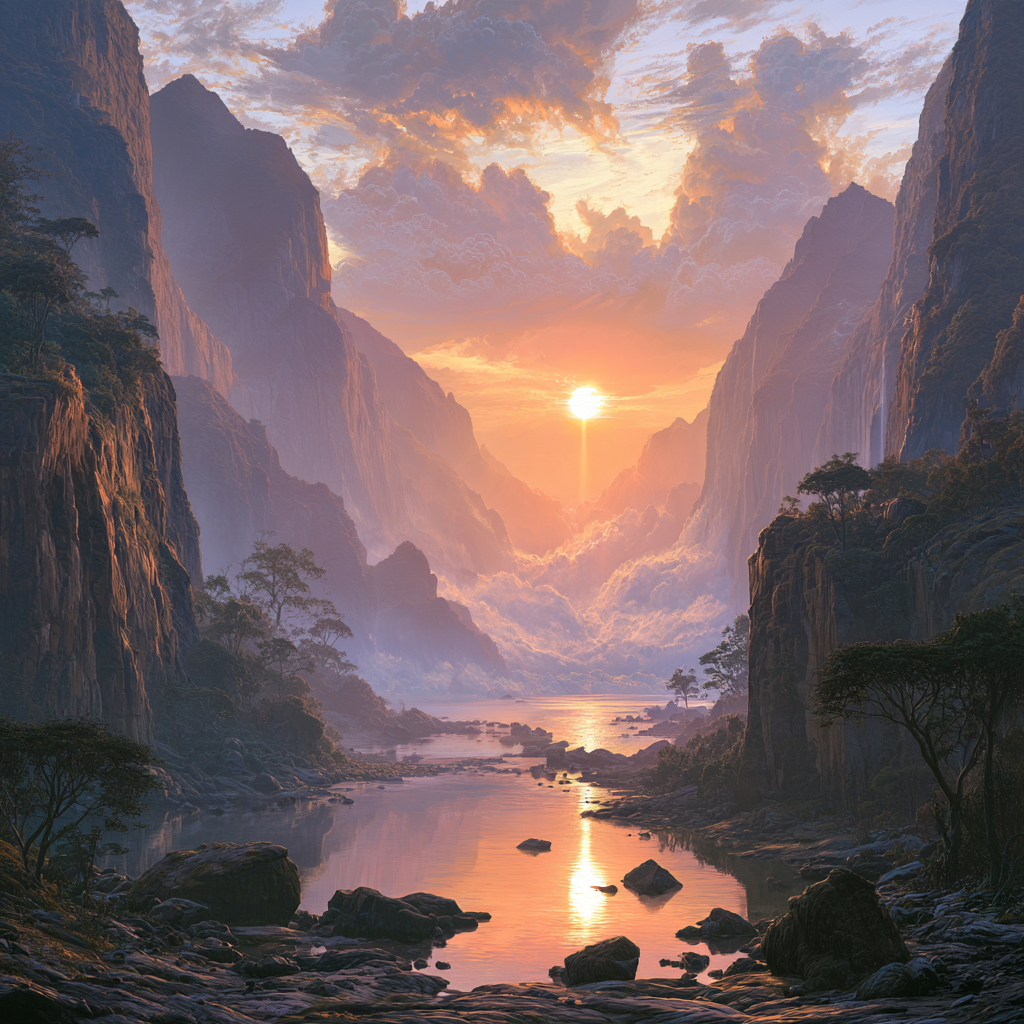 A warm sunrise illuminates a peaceful river winding between towering mountain cliffs