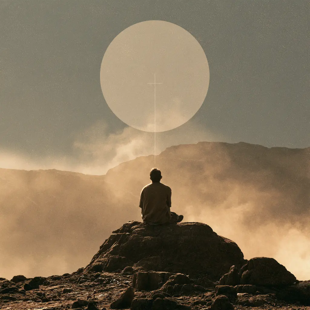 A man seated on a rock before mountains and a large pale sun in dust-toned light