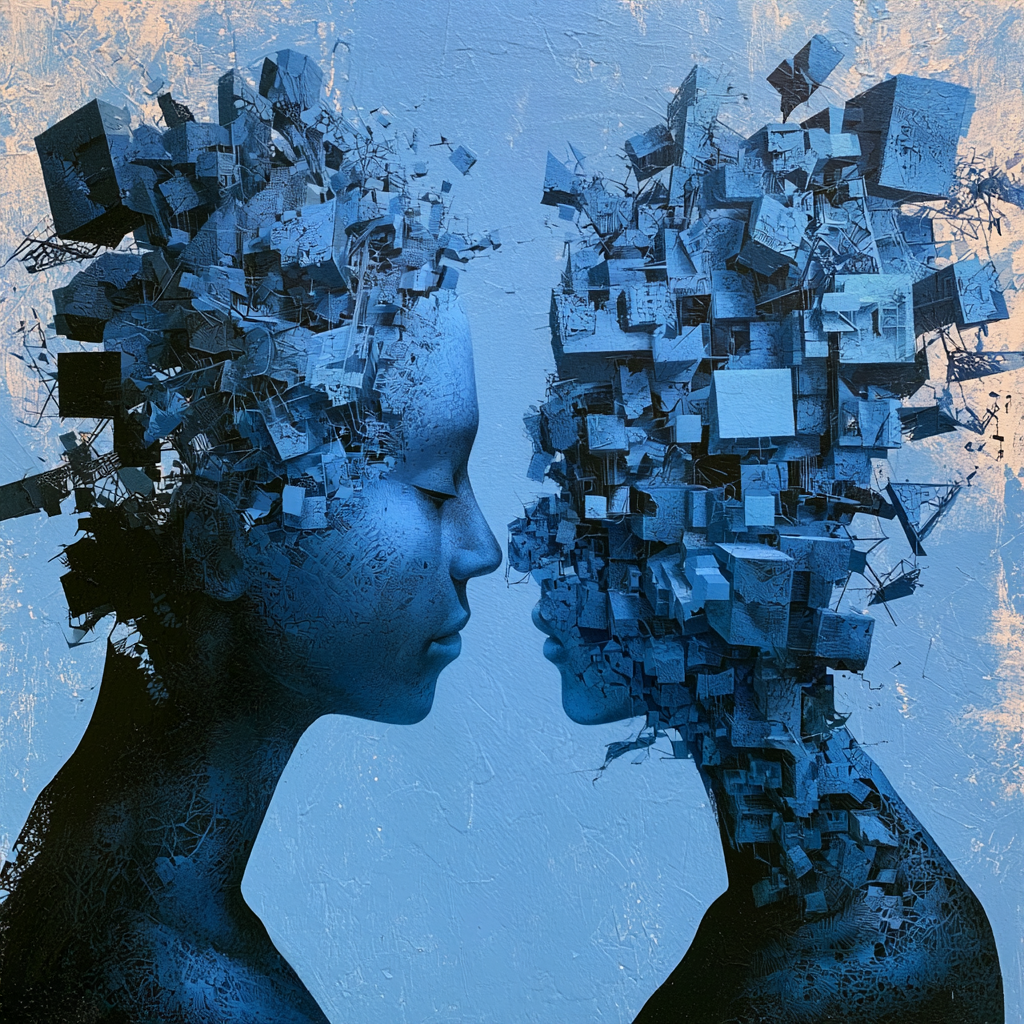 Two blue abstract human profiles face each other, formed from intricate geometric fragments