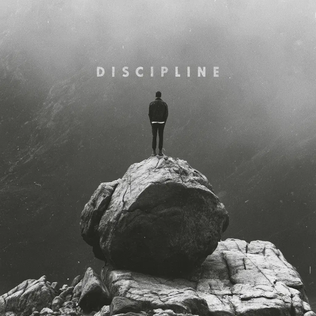 Black and white photograph of a figure standing alone on a boulder in mist