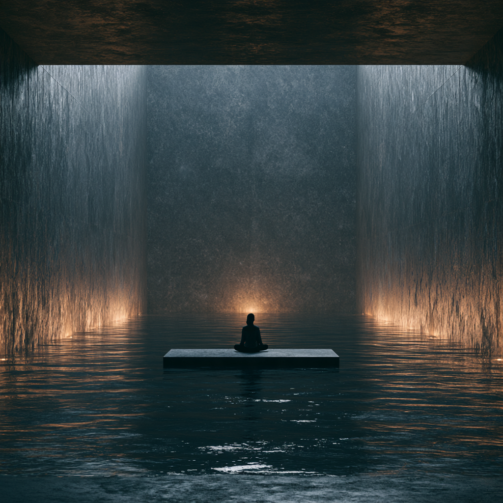 A figure meditating on a stone platform in flooded halls framed by falling water