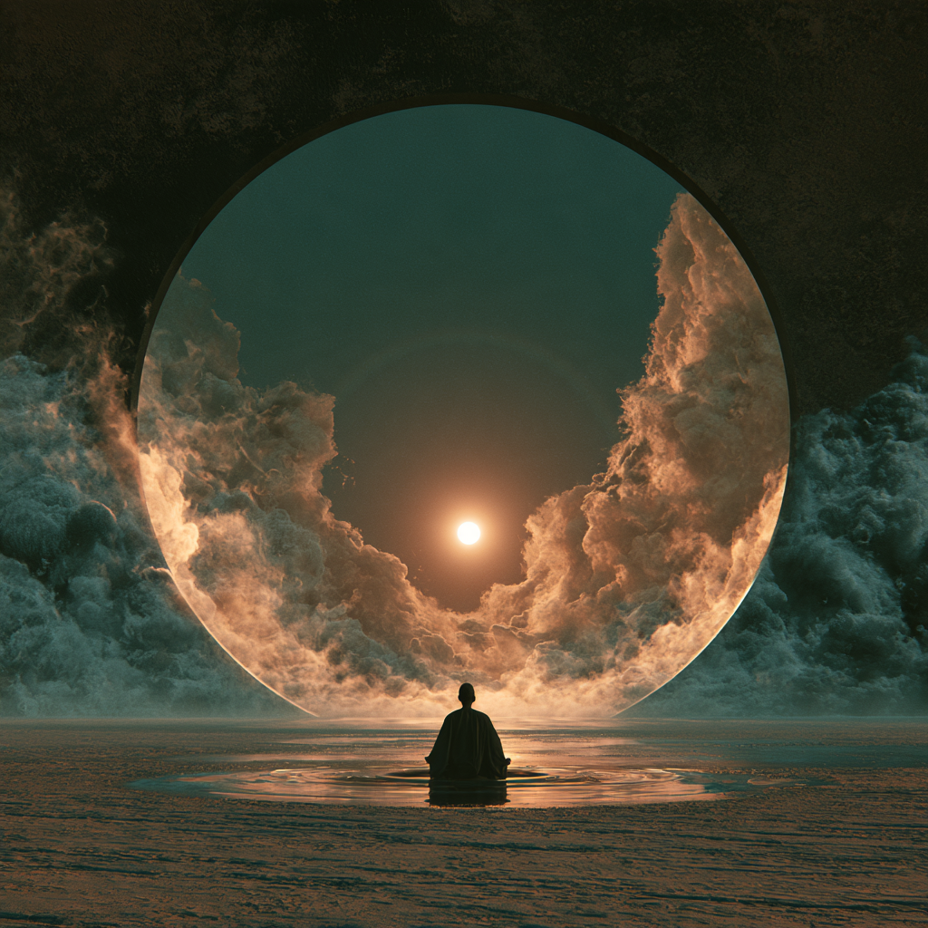 A seated figure before a huge circular opening revealing clouds and a setting sun