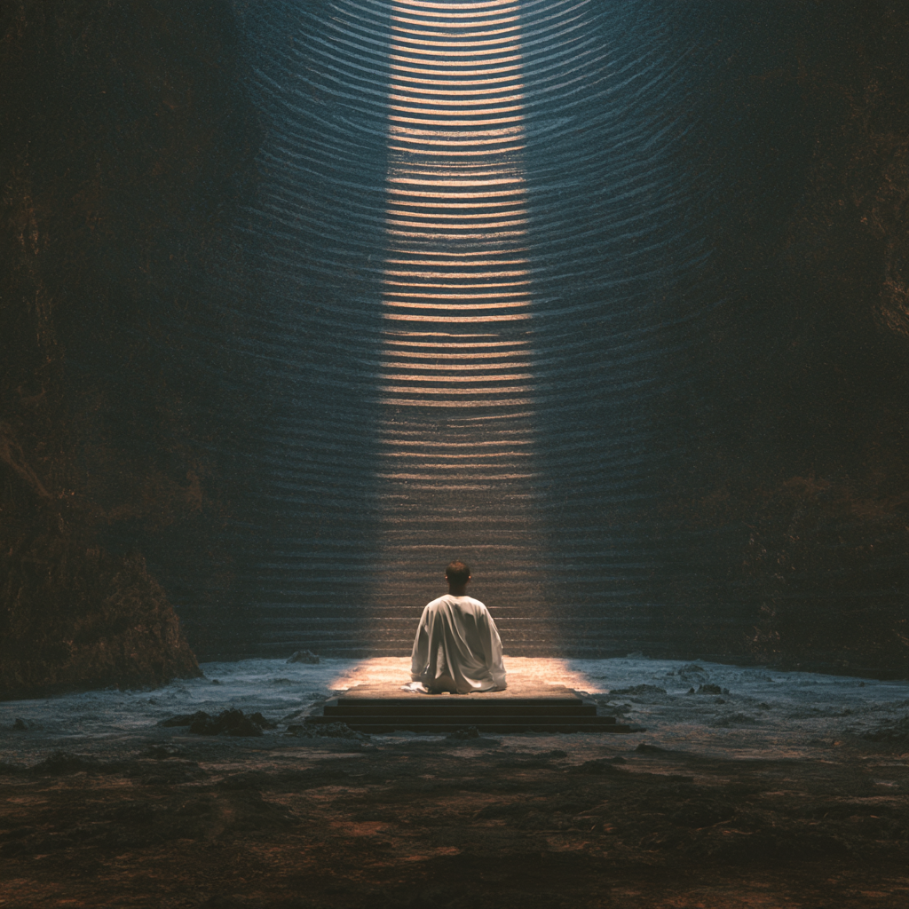 A robed figure kneeling at the foot of a long lit stairway inside a dark cavern