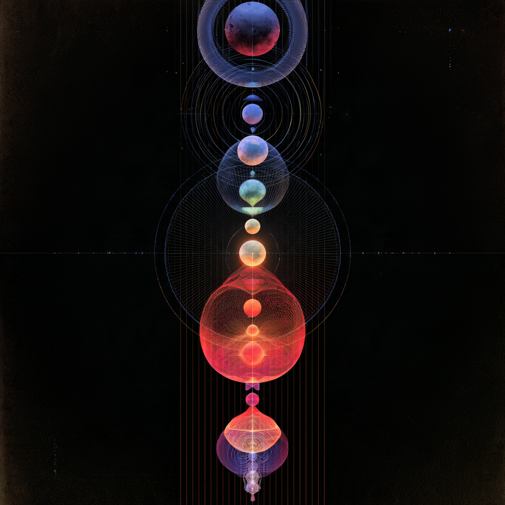 Vertical column of glowing spheres and fine wire circles in red, orange and blue on black