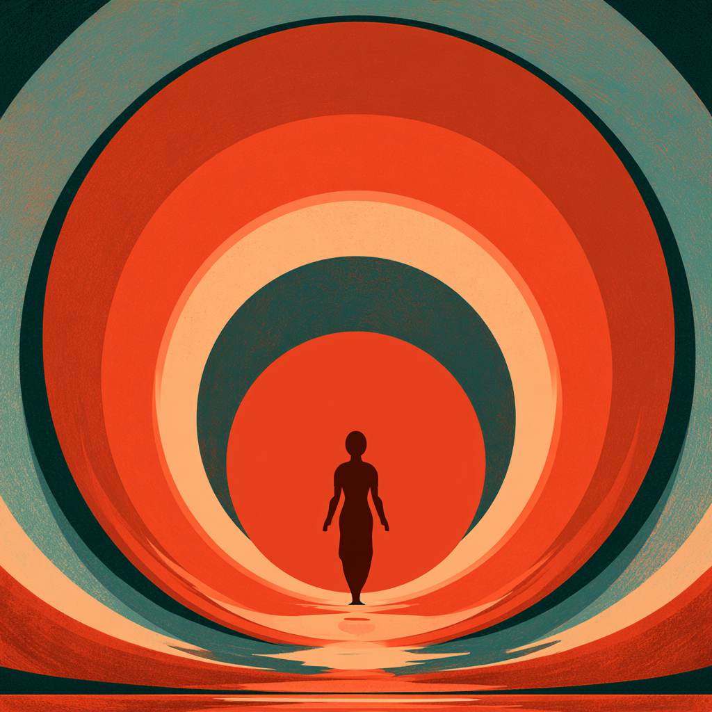 Graphic illustration of a silhouette walking into concentric orange and teal rings