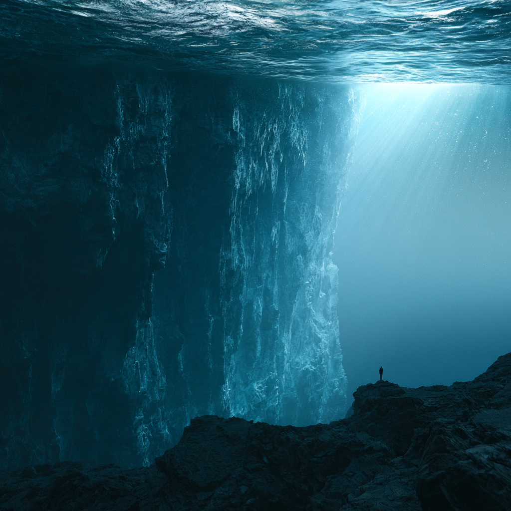 A lone figure stands on dark rocks beneath an immense underwater wall of blue water and light rays