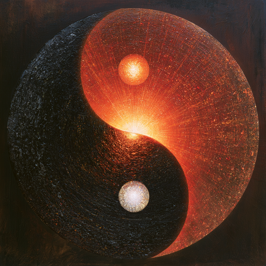 A glowing sphere divided into dark and fiery orange halves, each orb holding the other's light