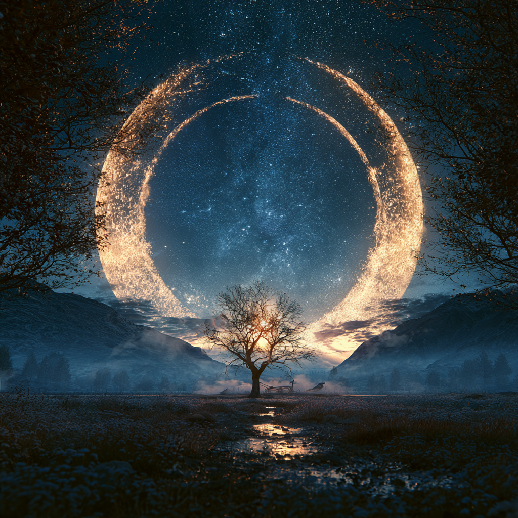 A lone tree glowing beneath a vast golden crescent in a star-filled night sky