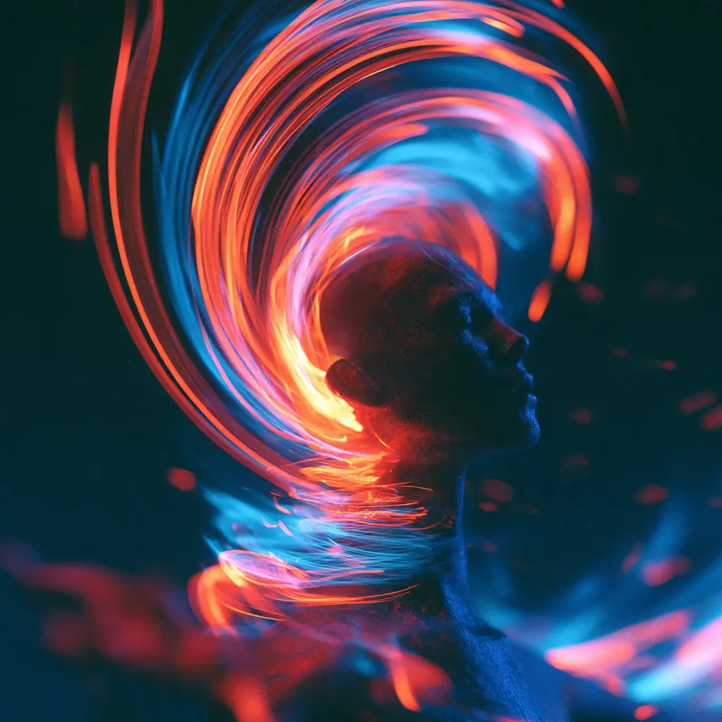 Neon red and blue light trails swirling around a profile in darkness