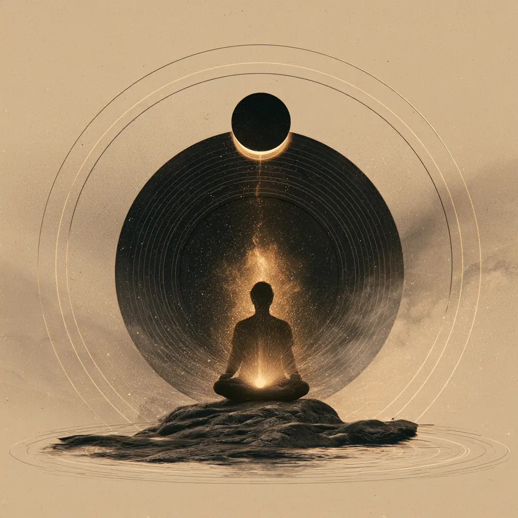 Sepia collage of a seated figure with a rising golden light beneath a dark sphere