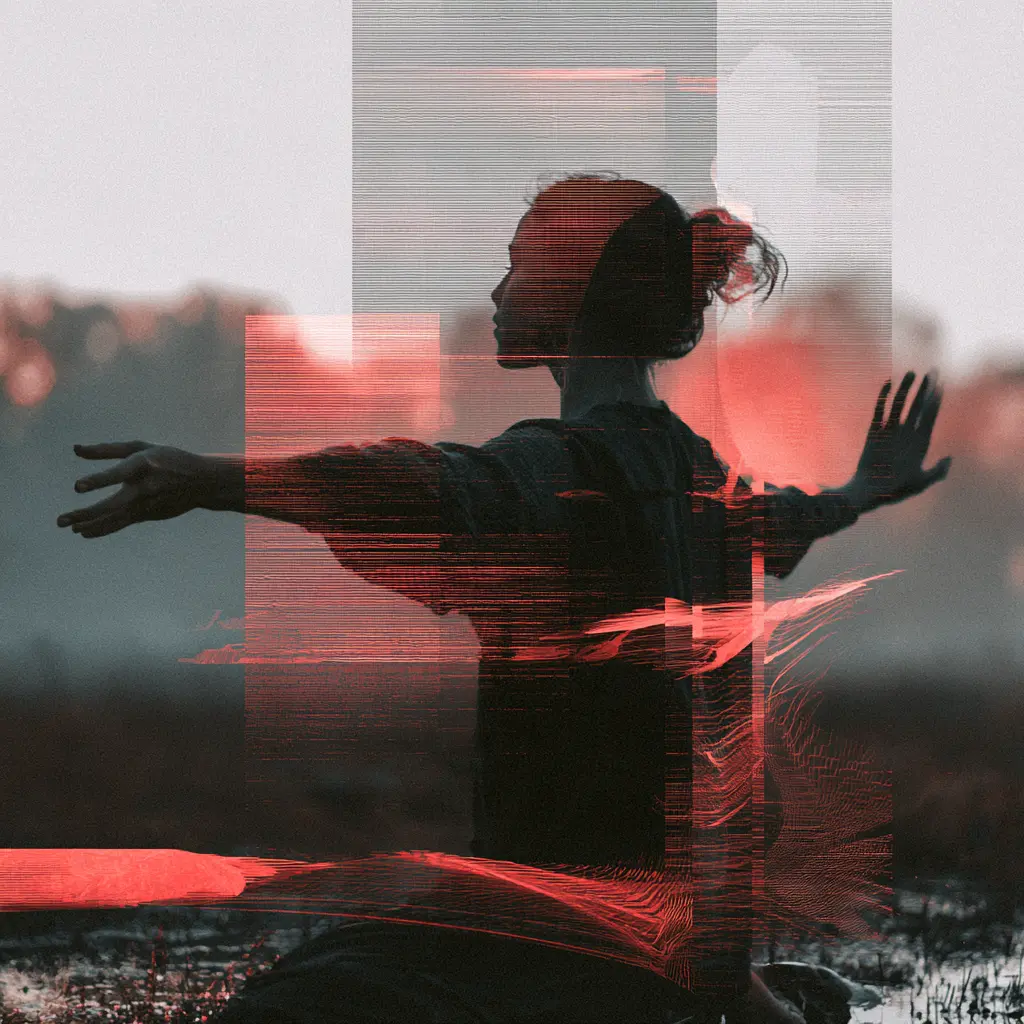 Glitched image of a figure with open arms in red and grey scan lines
