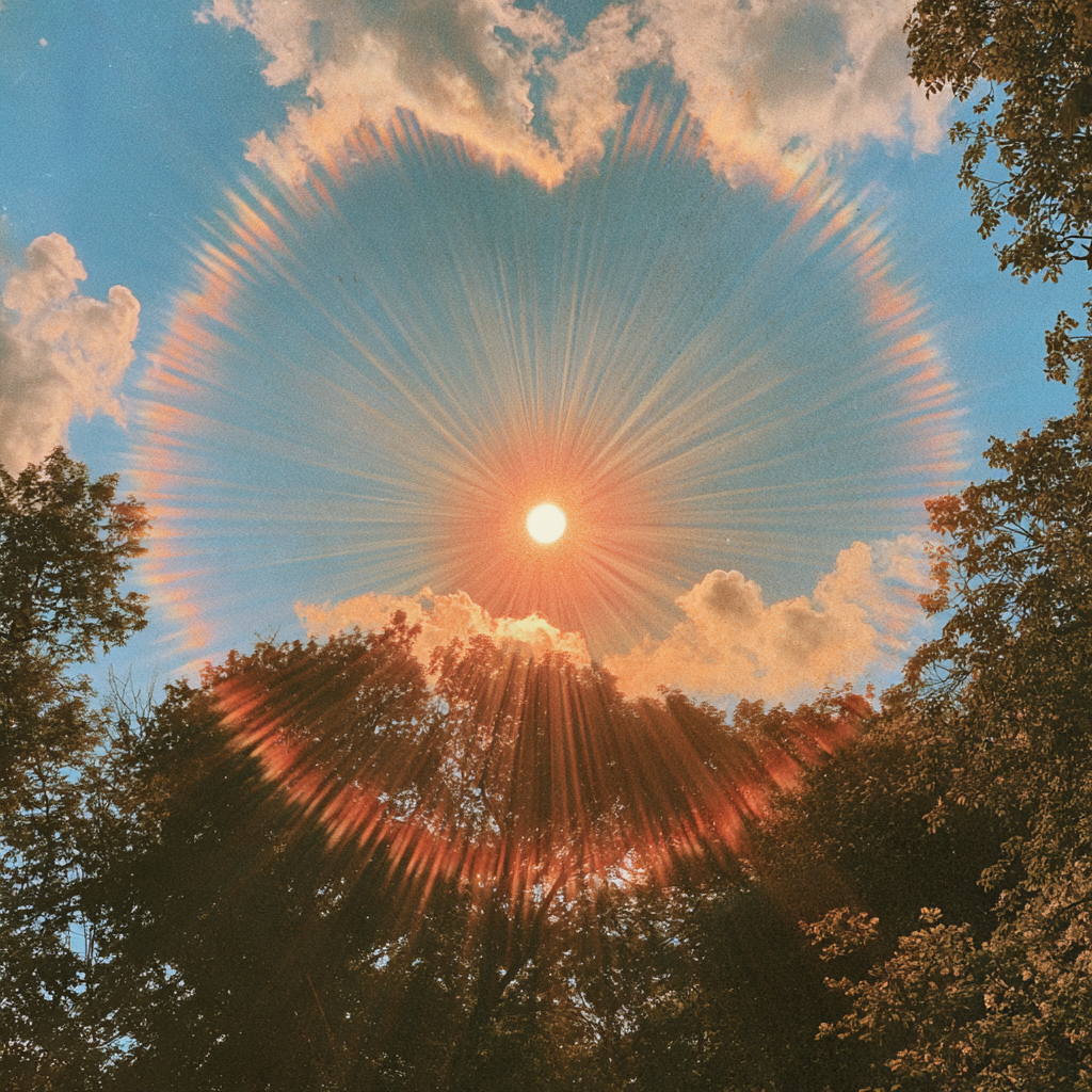 Sunlight radiates in the shape of a heart through clouds above a canopy of trees