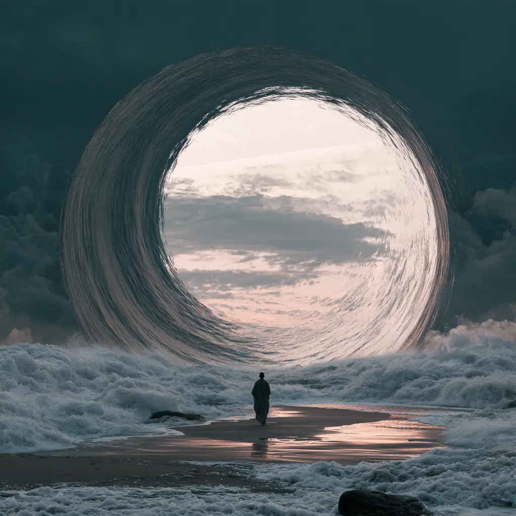A figure walking on a beach toward a great circular wave of light