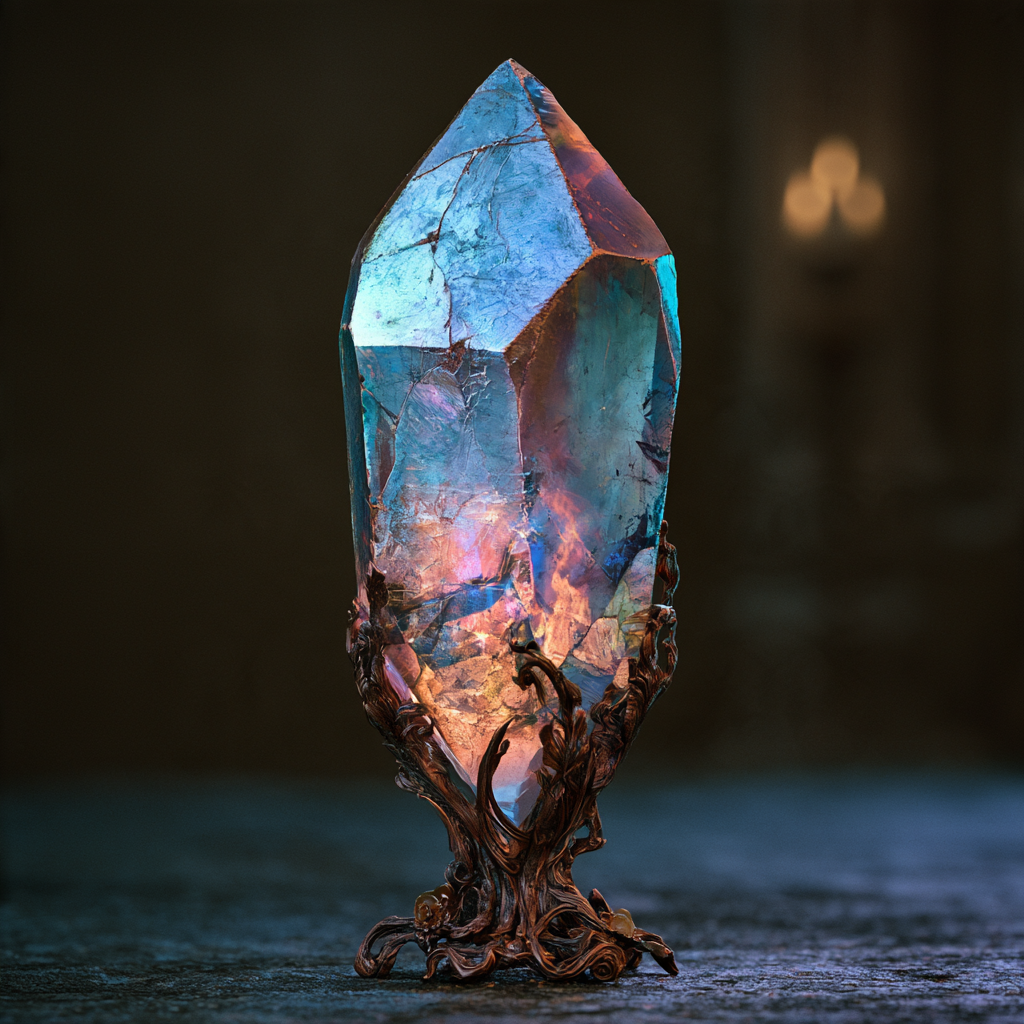 A luminous blue and amber crystal rests in an ornate organic stand against a dark background